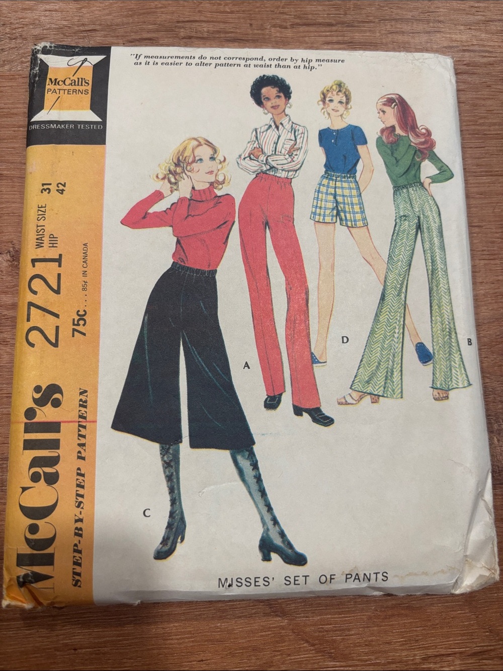 McCall 2721, 1971 pattern MOD BELL BOTTOM PANTS, CULOTTES